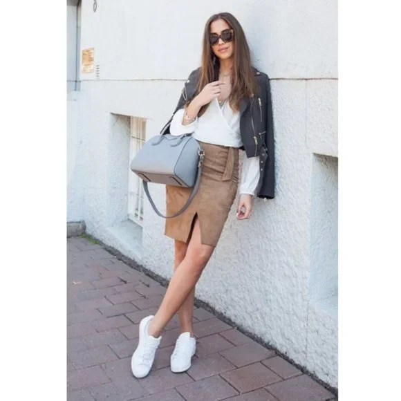 Vintage Danier Suede Leather Camel Tan High Rise Mini Midi Preppy Pencil Skirt - Picture 8 of 14